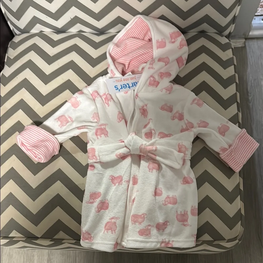 Carter's White and Pink Elephant Hooded Baby Bathrobe